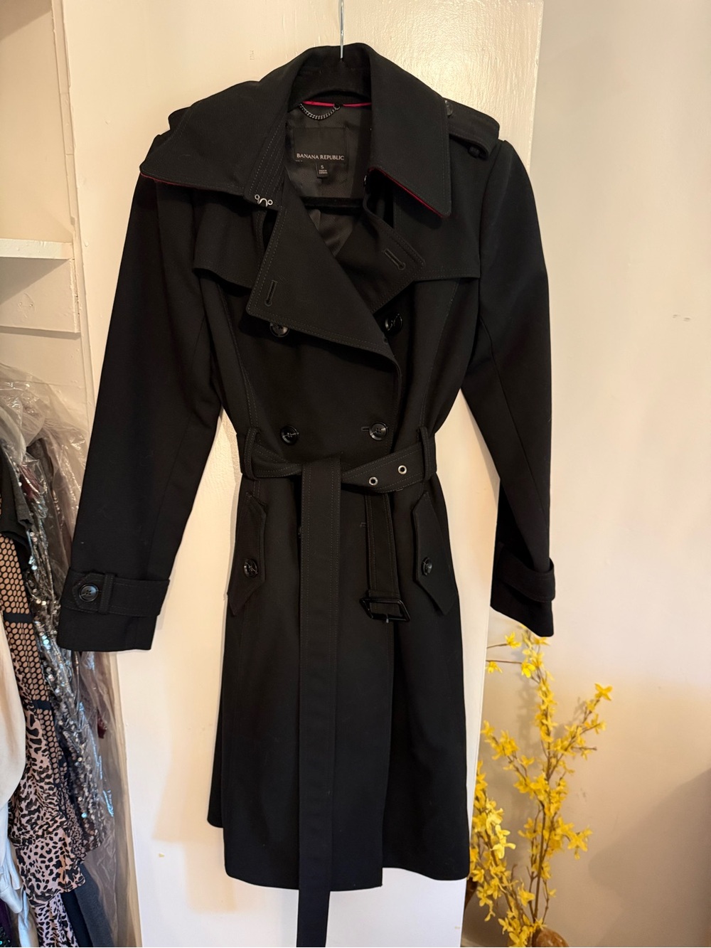 Banana Republic Black Double-Breasted Belted Trench Coat with Red Trim